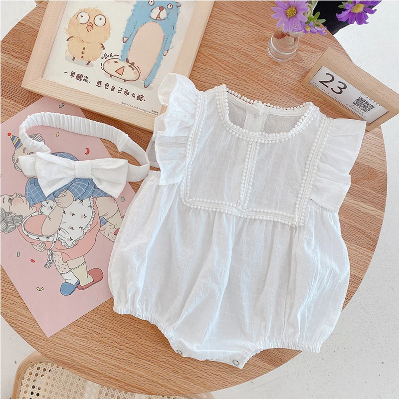 

2pcs Newborn Infant Baby Girl Bodysuit Clothes Set With Bow Headband Summer Sleeveless Princess Sweet Party Baby Romper Outfits