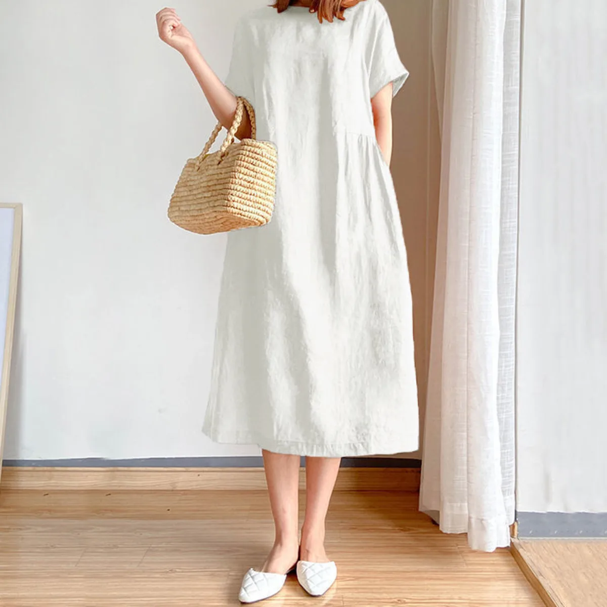 

BacklakeGirls Elegant Cotton And Linen Dress With Pocket Solid Color Loose Waist O Neck Short Sleeve Evening Party Maxi Dresses