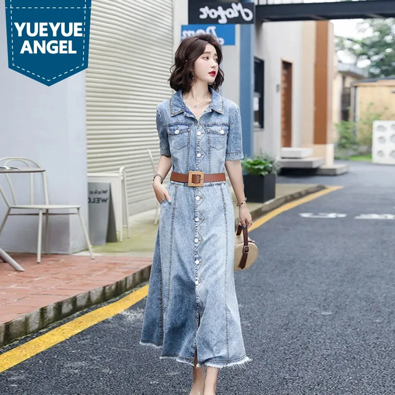 

Women Denim Long Dress Summer New Elegant Single Breasted A-Line Dress Office Lady Streetwear Short Sleeve Jean Shirt Dress