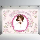 Мое Первое причастие для девочек украшения фон для фотосъемки с изображением крещения розовые цветы на заказ Виниловый фон для фотосъемки в Mi Bautizo Baby Shower фон