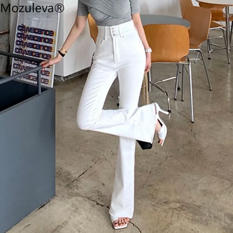 Mozuleva Chic High Waist Button Jeans 2022 Summer Women Skinny Denim Flare Pants Elegant Slim Female White Ladies Pantalon | Женская
