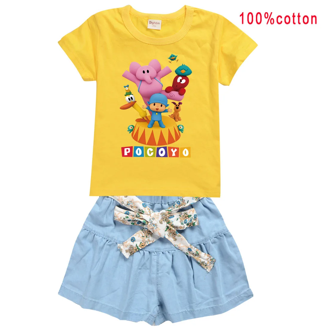 Модные Pocoyoe для маленькой девочки Комплекты одежды детей футболка Топы + пояс