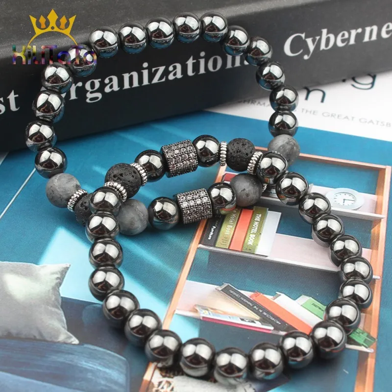 2020 New Fashion Women Men Bracelet Cz Crown King Charm Stone Beads Bracelets Black Agates Hematite Lava Elastic Yoga | Украшения и