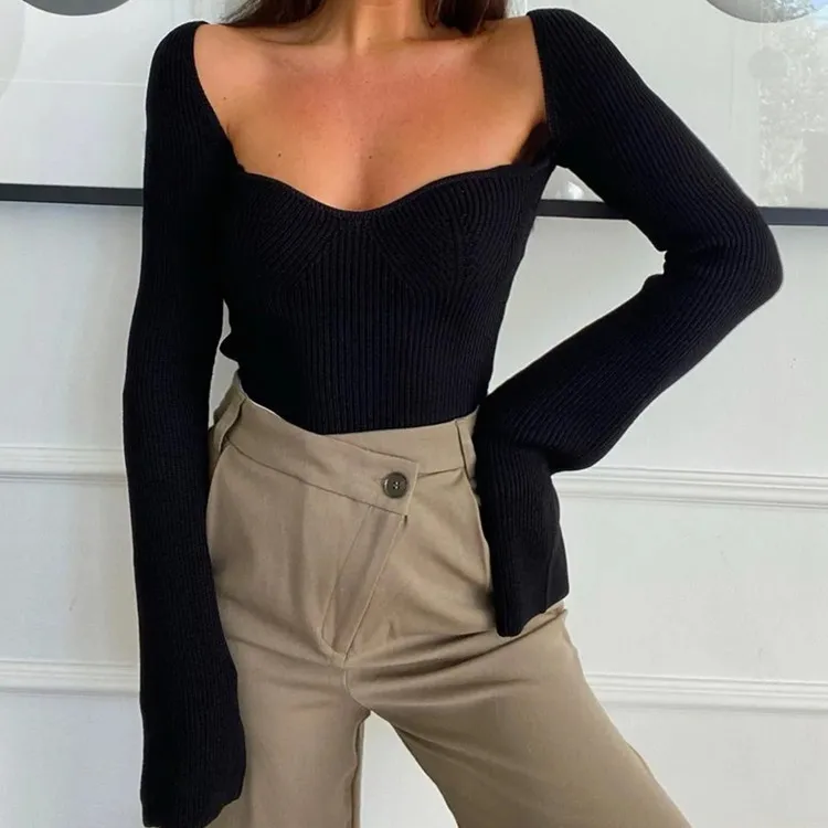 

Kalenmos Woman Sweaters French Retro Peach Heart Collar Long Sleeve Tight-fitting Knit Solid Color All-match Cropped Sweater