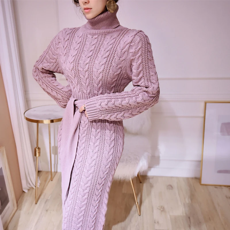 Зимнее элегантное женское платье-свитер со шнуровкой 2018 облегающее трикотажное
