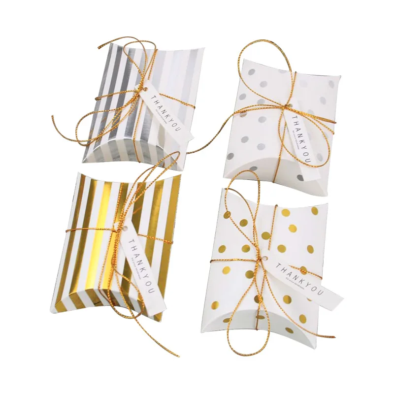 

50pcs Pillow Shape Favor Candy Box Bronzing Striped Dot Wedding Favor Gift Boxes Gift Packaging Box Wedding Party Birthday Decor