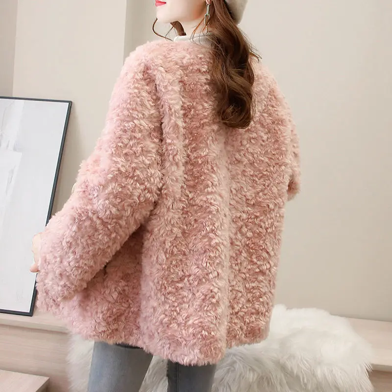 Winter Fur Coat Female 2023 Long Sheep Shearling Jackets Women Wool Casual Coats O-neck Single Breasted Jaqueta Feminina X844