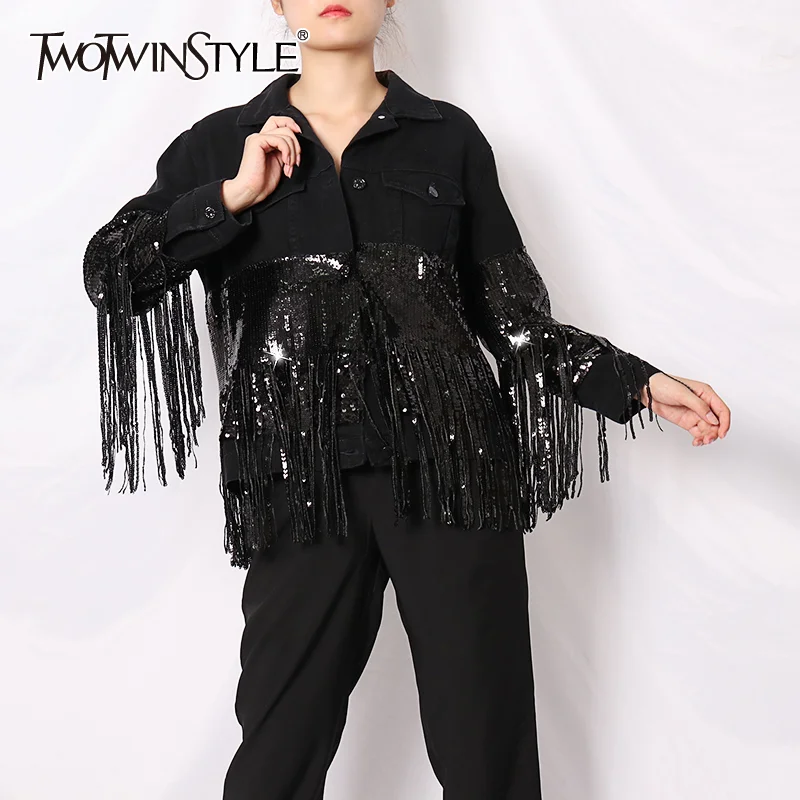

TWOTWINSTYLE Patchwork Sequin Tassel Jacket For Women Lapel Long Sleeve Casual Oversized Jackets Female Fashion New Style 2020