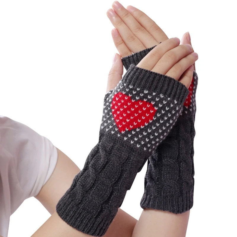 

Women Winter Knitted Half Finger Gloves Sweet Heart Jacquard Fingerless Mittens H9ED