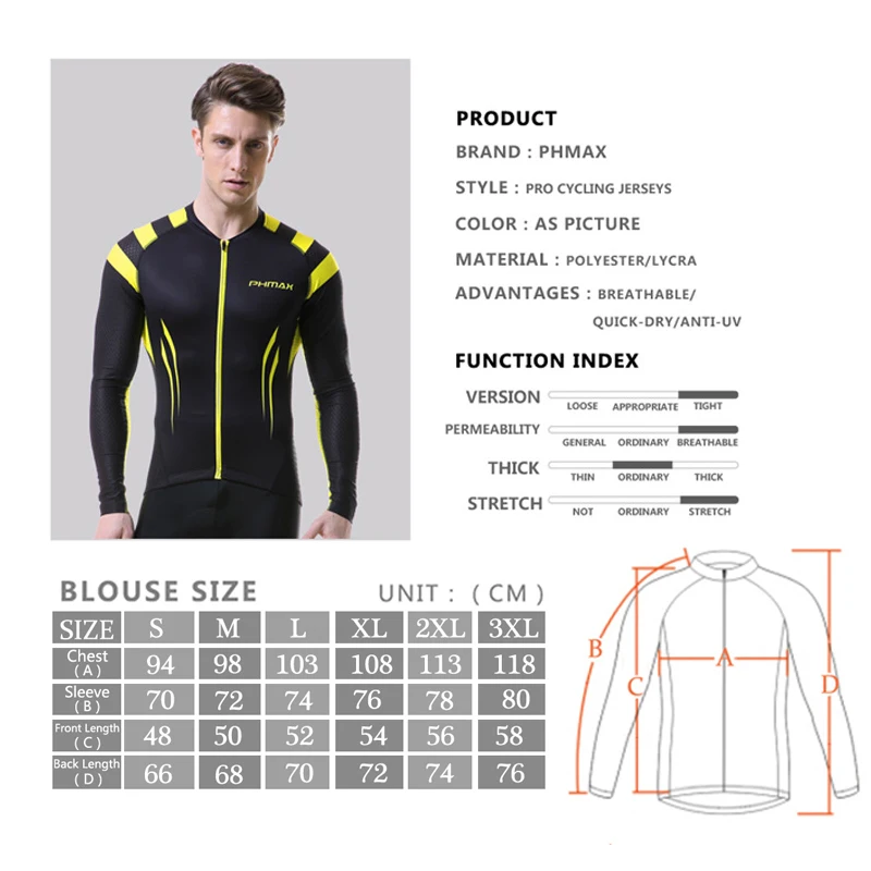 

PHMAX Long Sleeve Pro Cycling Jerseys Quick-Dry Mountain Bicycle Cycling Clothing 100% Polyester Racing Bike Clothes For Men
