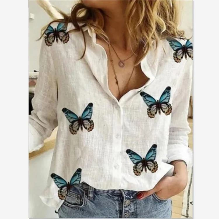 

Shirts Women's Long Sleeve Butterfly Print Shirt Loose t Shirt Women Print Tops Vintage Light Office Shirt Female Top Lady