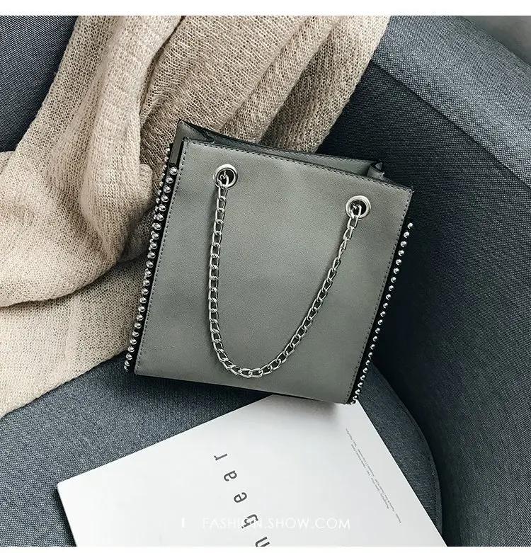 1138 grey Новое поступление, однотонные женские коричневые Ручные Сумки из искусственной кожи, женские черные сумочки на цепочке, Женские повседневные сумки с большими заклепками, женские сумки-тоут - Цвет: 1138 grey