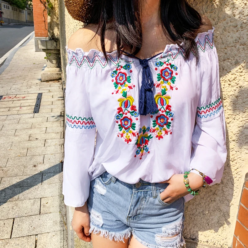 Женская винтажная блузка с цветочной вышивкой хлопковые топы в этническом стиле