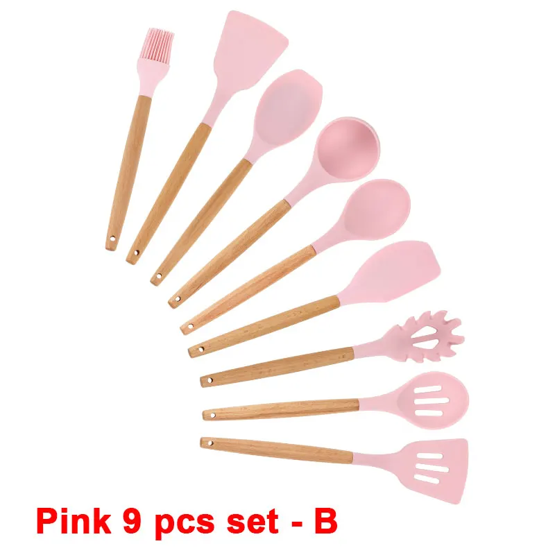 Pink 9 pcs set - B Набор кухонных силиконовых кухонных принадлежностей с антипригарным шпателем лопата с деревянной ручкой набор кухонных инструментов с ящиком для хранения кухонные инструменты - Цвет: Pink 9 pcs set - B