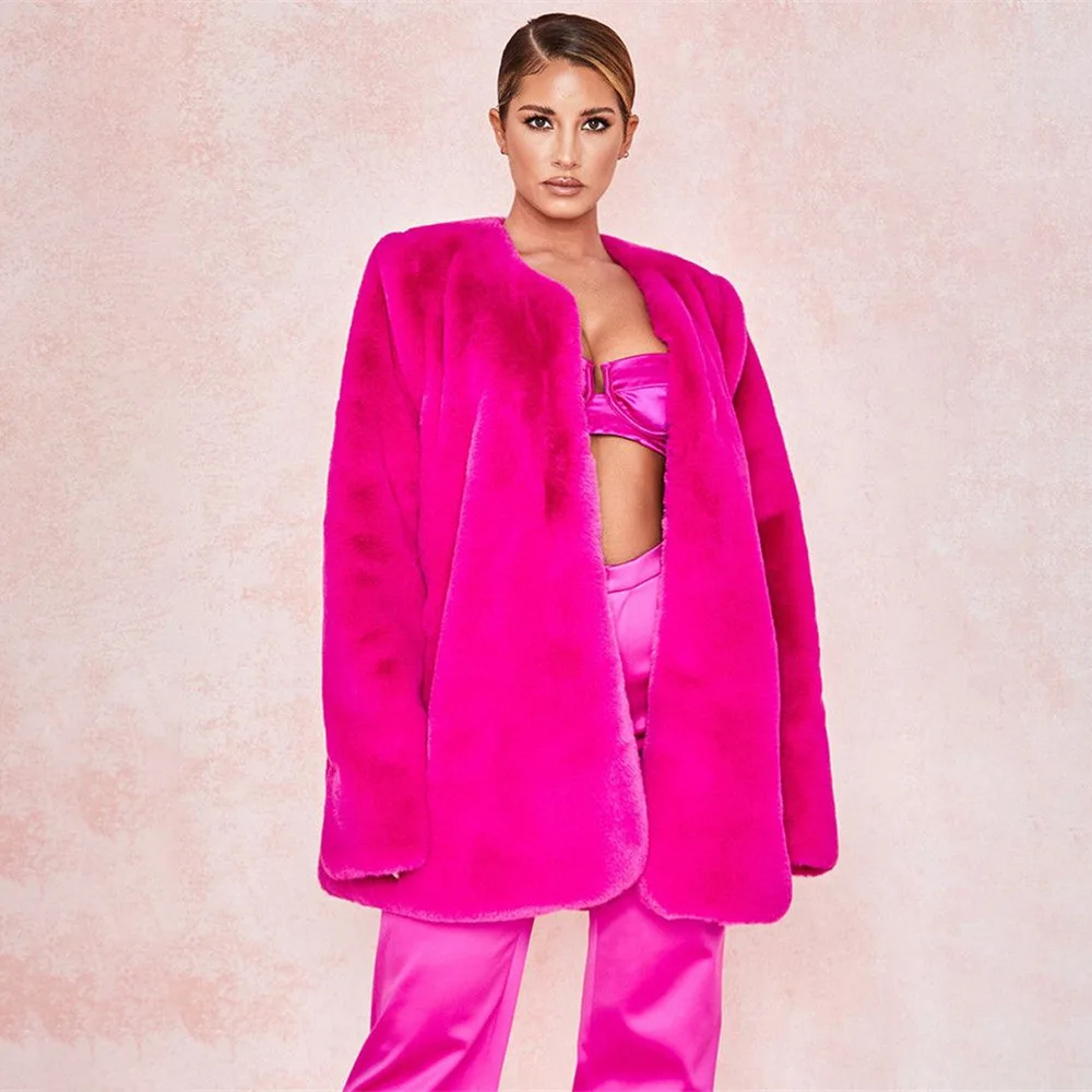 

Women Winter Thick Long Sleeve Faux Fur Coat with Lining Solid Color Warm Coat