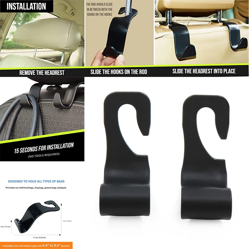 

Car Headrest Hooks 2 Pack - Stylish Back Seat Hanger For Your Purse, Grocery Bags Ect., Car Seat Organizer Accessory - Black