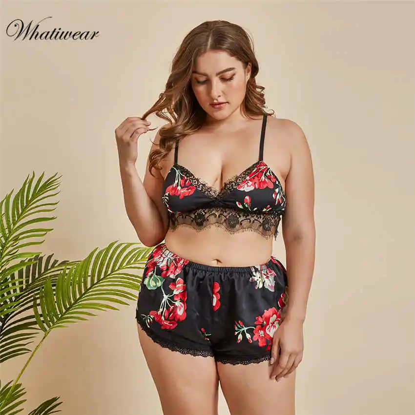 Black Whatiwear пижамный комплект для сна, Сексуальная атласная пижама с ресницами, женская летняя Пижама, модная Пижама с цветами для женщин - Цвет: Black