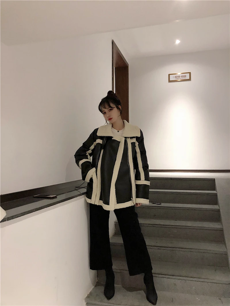 WHITNEY WANG осенне-зимняя модная уличная шерстяная куртка из искусственной кожи с подкладкой женская кожаная куртка в байкерском стиле Толстая парка пальто