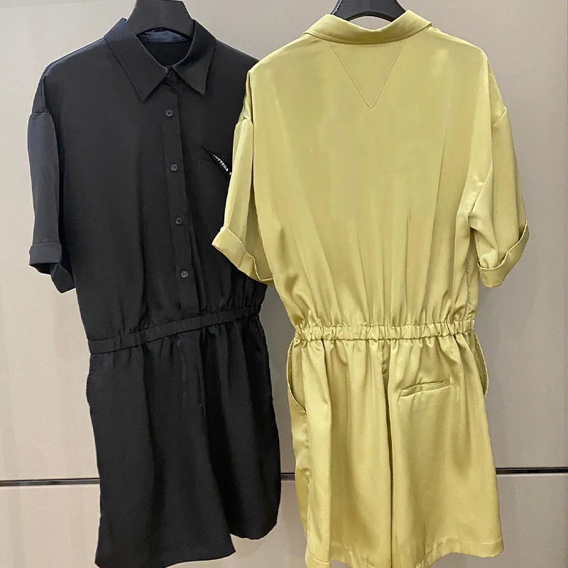 

2021 Summer Woman's Jumpsuit Letter Printed Solid Playsuits Button Cute Young 2 Colors Pocket Funny Loose Jumpsuit