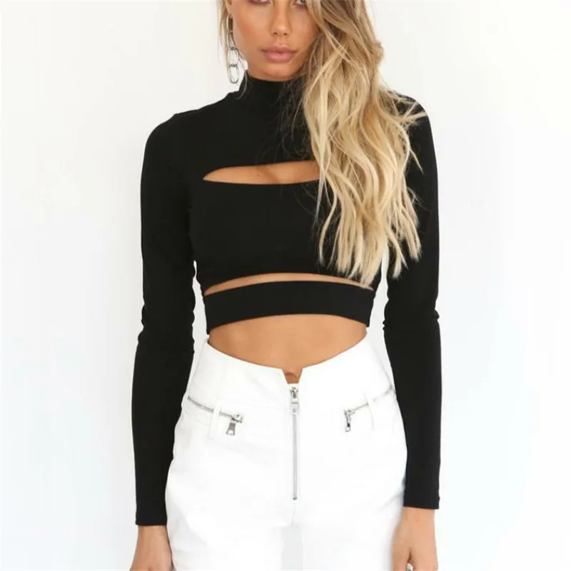 

Women Black Crop Top Long Sleeve Solid Front Hollow Out Turtleneck Blouses Women Shirts 2020 Summer Fashion