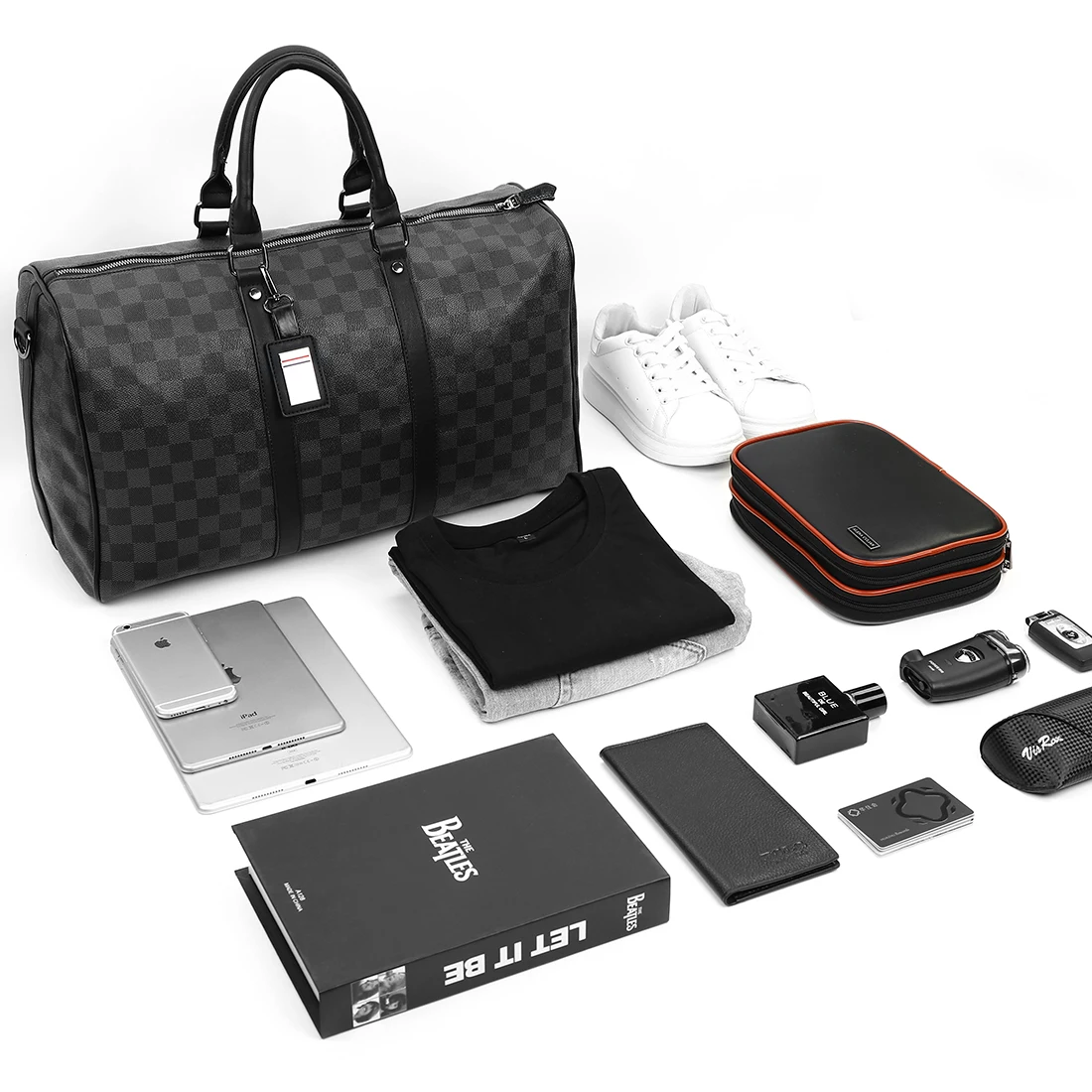 

VICUNA POLO Classic Plaid Design Mens Leather Travel Bag Brand Leather Business Man Bag Overnight Tote Bags Carry On Luggage