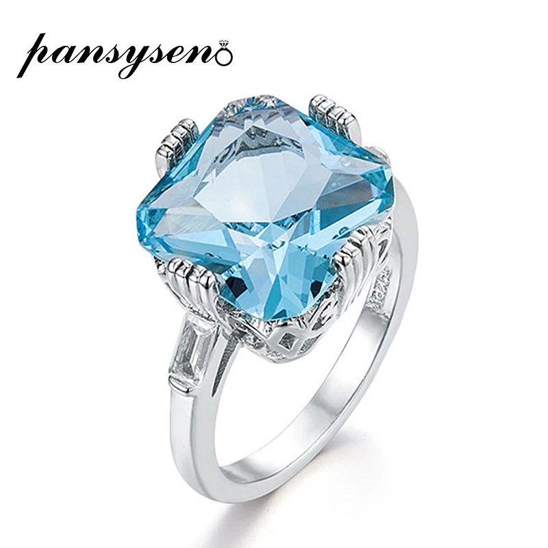

PANSYSEN Lady Exquisite Pure 925 Silver Aquamarine Rings for Women 12x12mm Square Gemstone Finger Ring Brand Valentine's Gift