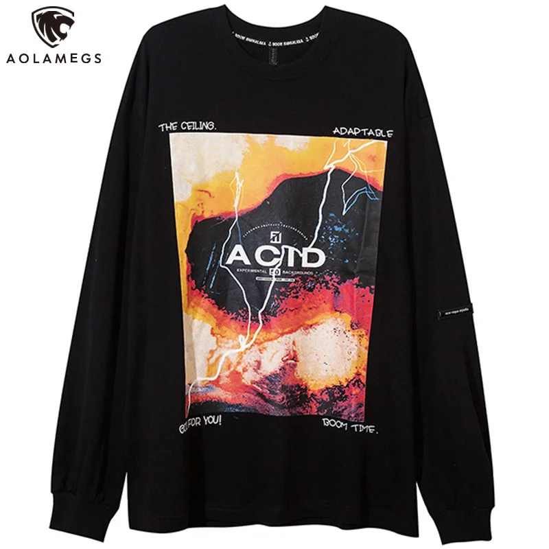 

Aolamegs Oversized Gothic High Street Sweatshirts Men's Loose Lightning Diablo Print Pullovers Hoodie Couple Hip Hop Spring Tees