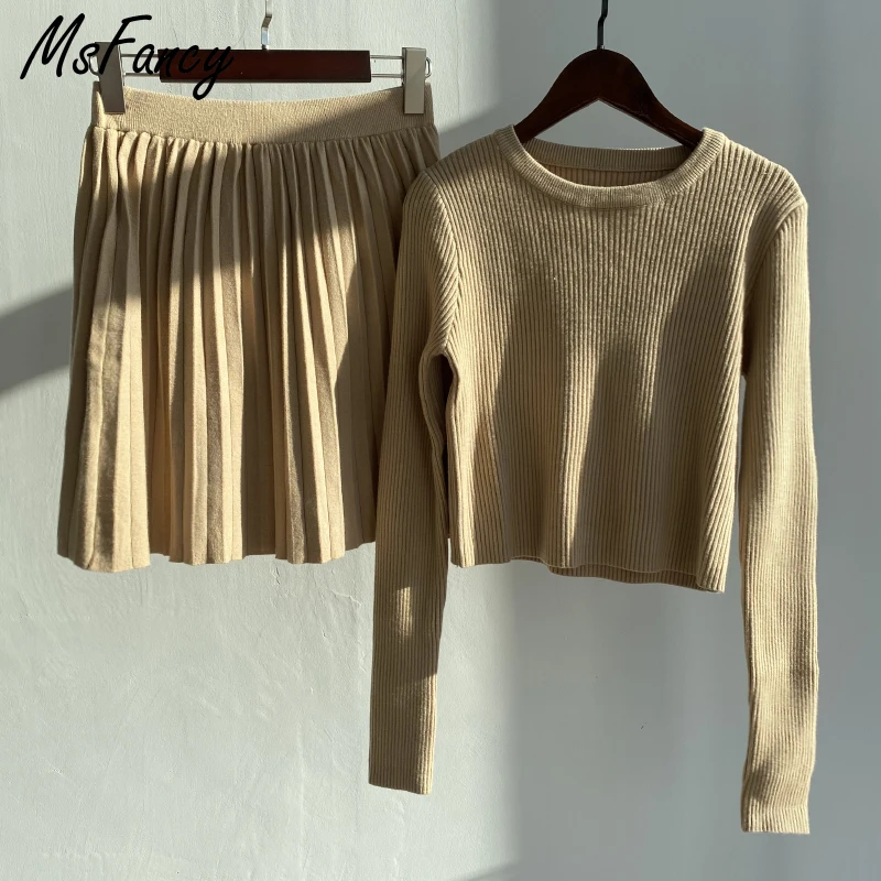 Msfancy вязаные комплекты с юбкой женский короткий топ длинным рукавом