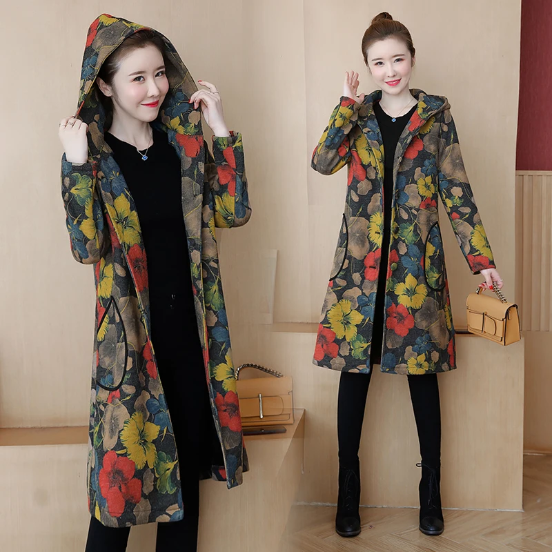 2019 зимнее женское длинное пальто выше колена с цветочным принтом большого