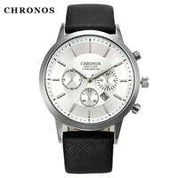 chronos men fashion quartz watches life waterproof resistant leather buckle strap classic watches sub second white dial clock