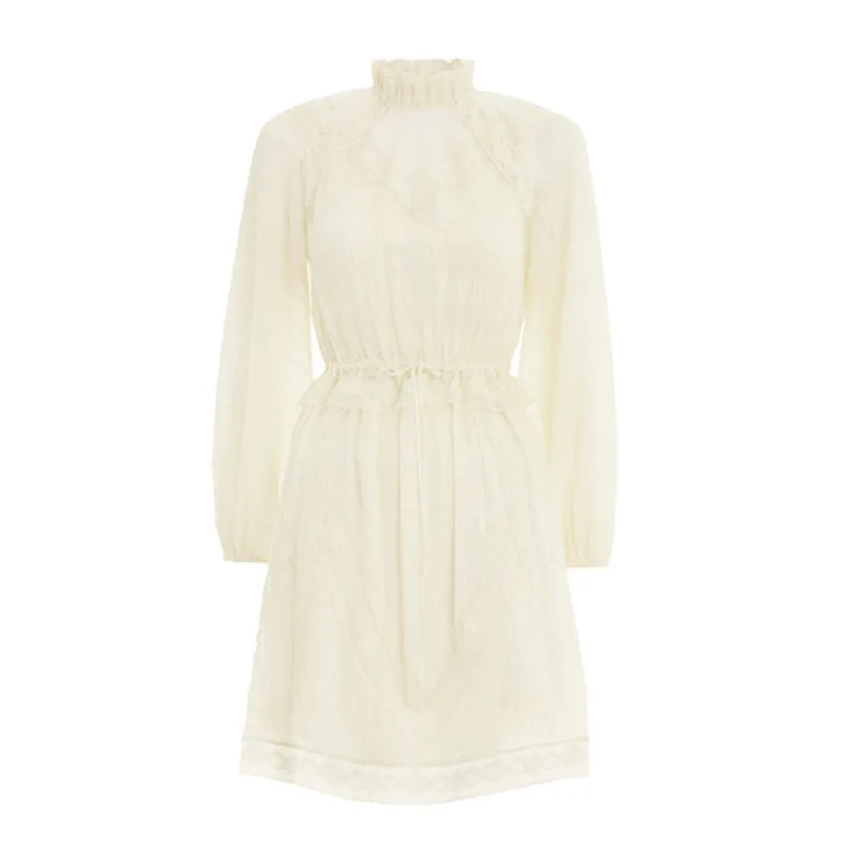 DEAT кружевное шифоновое платье со стоячим воротником и длинным рукавом с сеткой