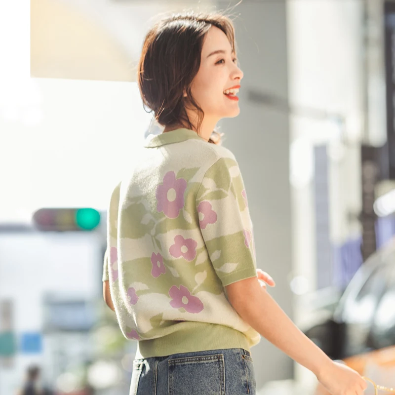 INMAN 2020 Spring New Arrival Literary Lapel Flower Jacquard Weave Base Short Sleeve Knit Sweater | Женская одежда