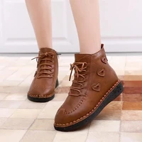 2022 brown winter love ankle boots for women autumn female plush warm shoes black rubber sole lace up flat girls martin booties