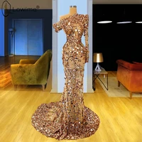 shiny champagne one shoulder mermaid sequined evening dresses 2020 long sleeve dubai robe de soiree formal prom party gowns