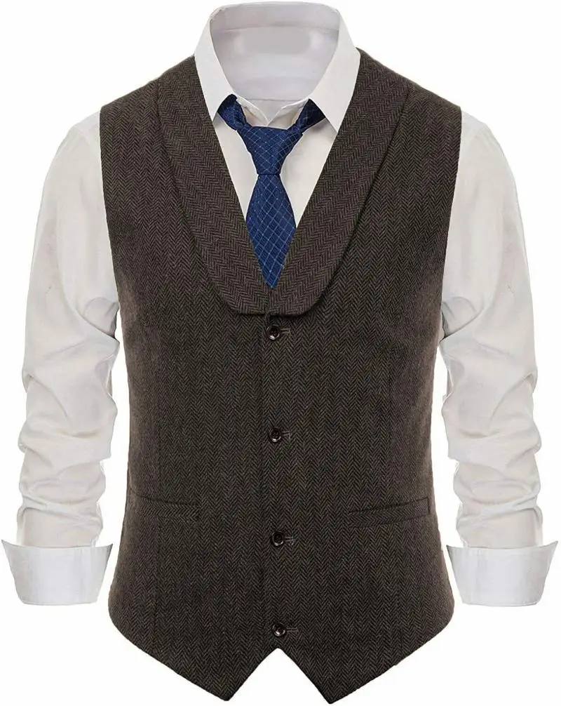 Men's Wool Slim Fit Leisure Cotton Suit Vest Gentleman Herringbone Pattern Waistcoat Beckham Business Brown Wedding Groom Vests | Мужская
