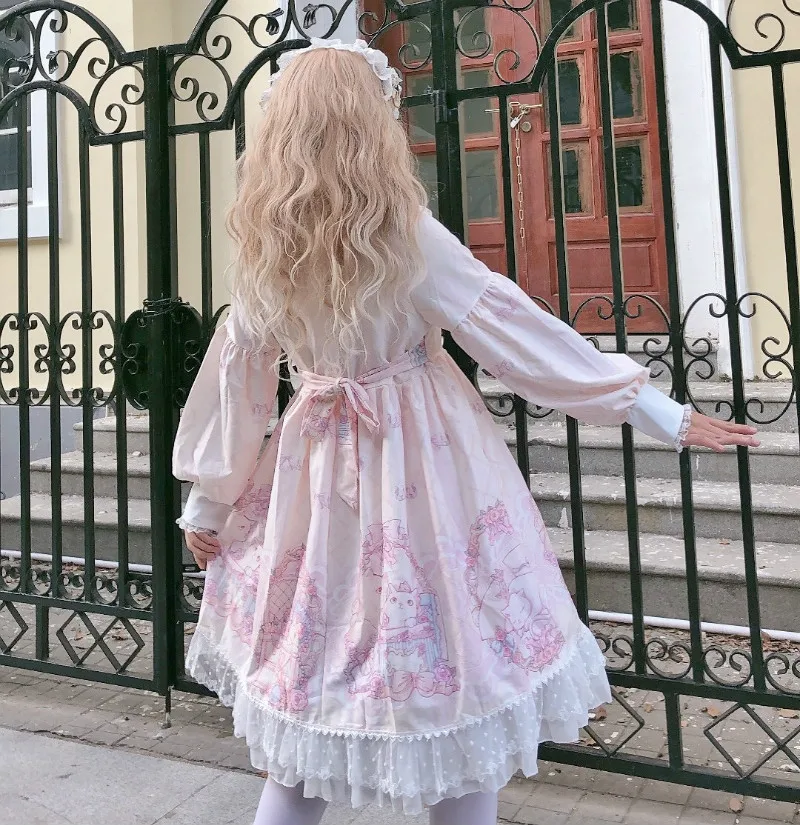 

OP Japanese Cute Lolita Dress Long Sleeve Doll Round Neck lolita party dress kawii Pink vintage dress Pink White Soft Girl skirt