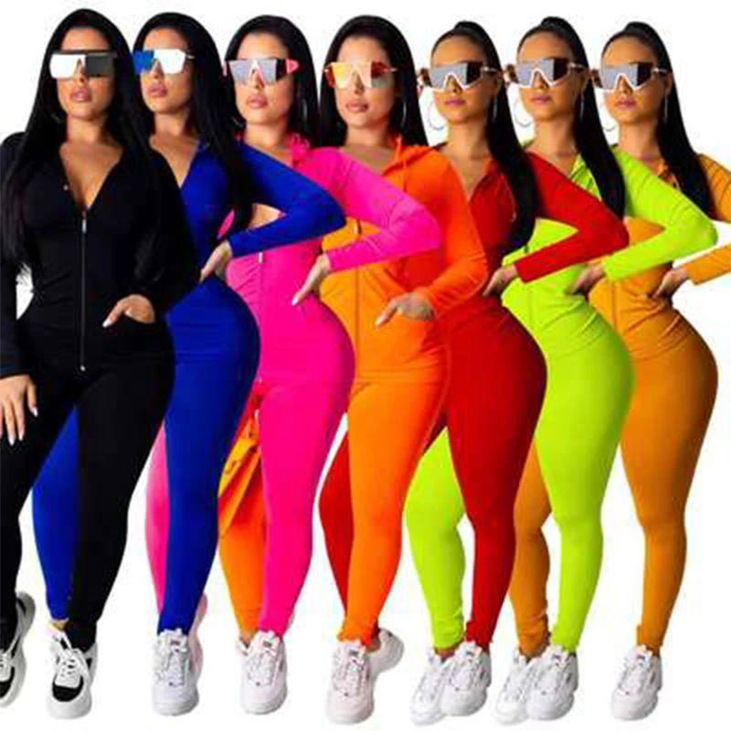 Two Piece Set Women Autumn Sportwear Top + Pant Suit Sexy Solid Color Hooded Zipper Pocket Sporty  Stretchy Outfits