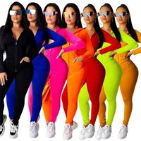 two piece set women autumn sportwear top pant suit sexy solid color hooded zipper pocket sporty stretchy outfits