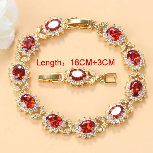 Dubai Gold Colors Wedding Accessories AAA+ Red Garnet Bridal Jewelry Sets For Women Charm Bracelet And Ring Sets 3