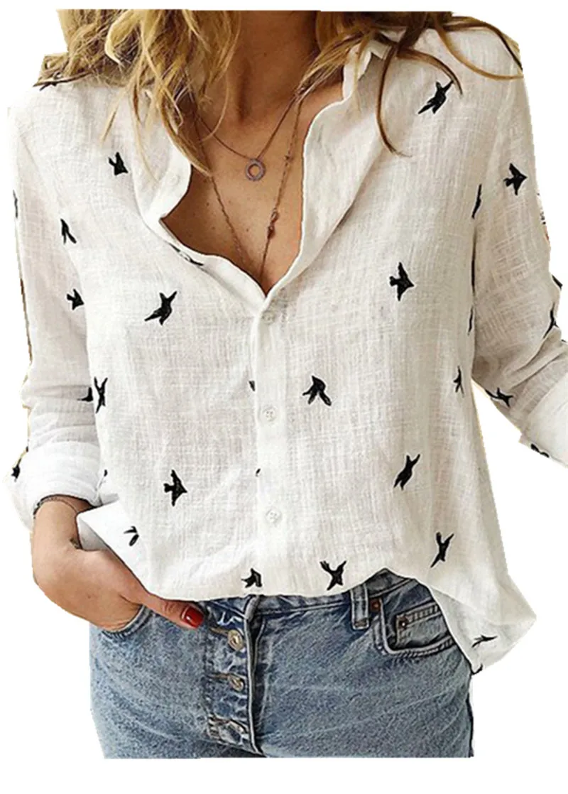 3D Print Women Shirts Spring Long Sleeve Turn-down Collar Tops Flax Female White Blouse Fashion Shirt Plus Size 5XL Casual Top