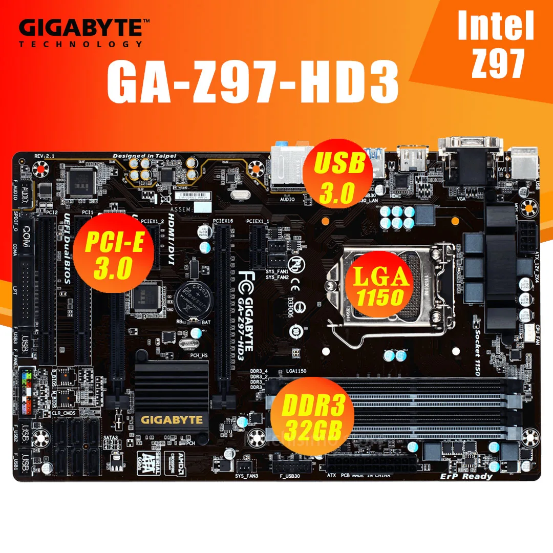 Gigabyte GA Z97 HD3 baord LGA 1150 i7 i5 i3 DDR3 32GB Desktop PCI E 3 0 USB3.0 Intel Placa MOM ATX Used|Материнские платы| |