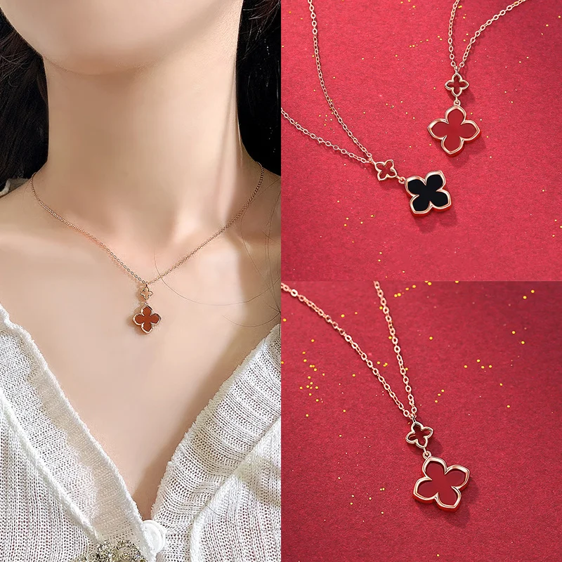 

Four Leaf Clover Necklace 925 Sterling Silver Double Flower Agate Exquisite Valentine's Day Gift For Women Selling Fine Jewelry