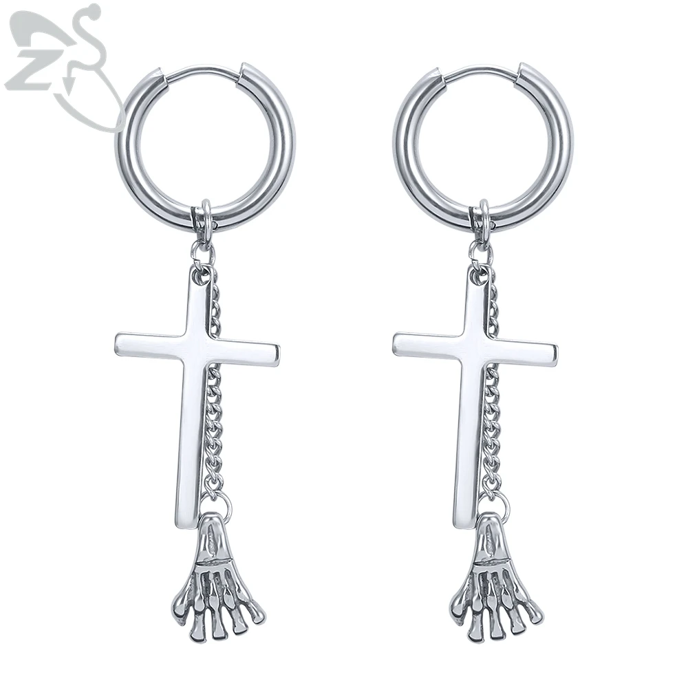 2 pcs-7 ZS серьги-кольца из нержавеющей стали с крестиком и перьями Kpop, мужские круглые висячие серьги в стиле хип-хоп, рок-ролл, панк, ювелирные изделия, aros mujer - Окраска металла: 2 pcs-7