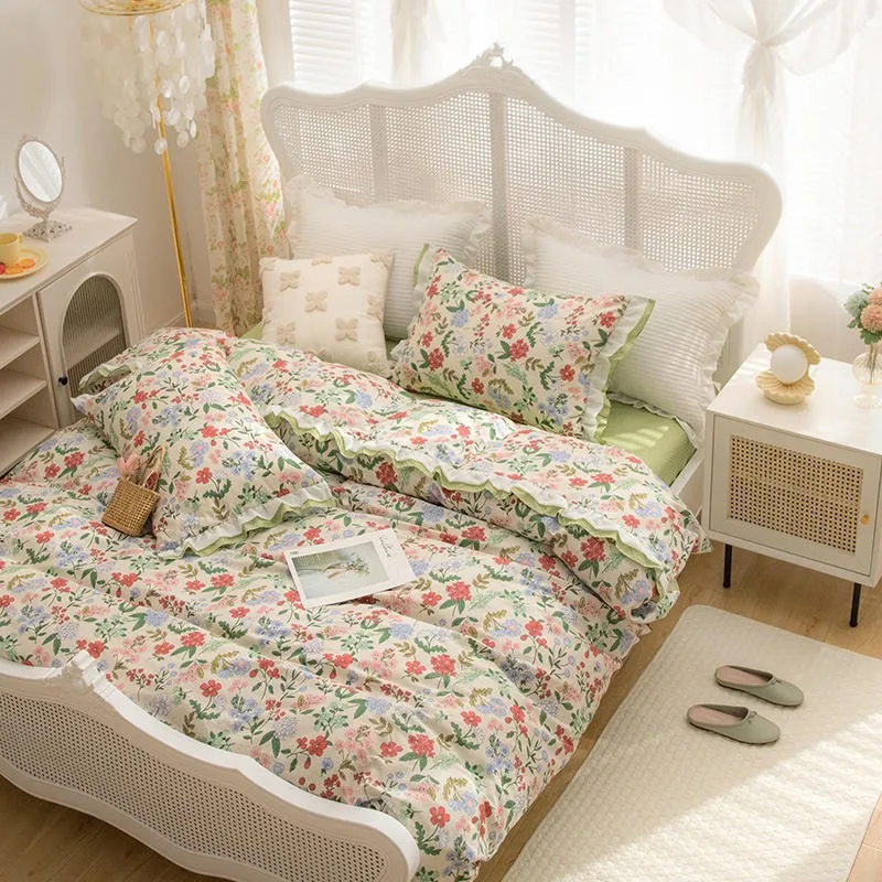 

100%Cotton bedding set Elegent Vibrant Flower print Duvet Cover with ruffle for Girls Women Soft breathable bed sheet pillowcase