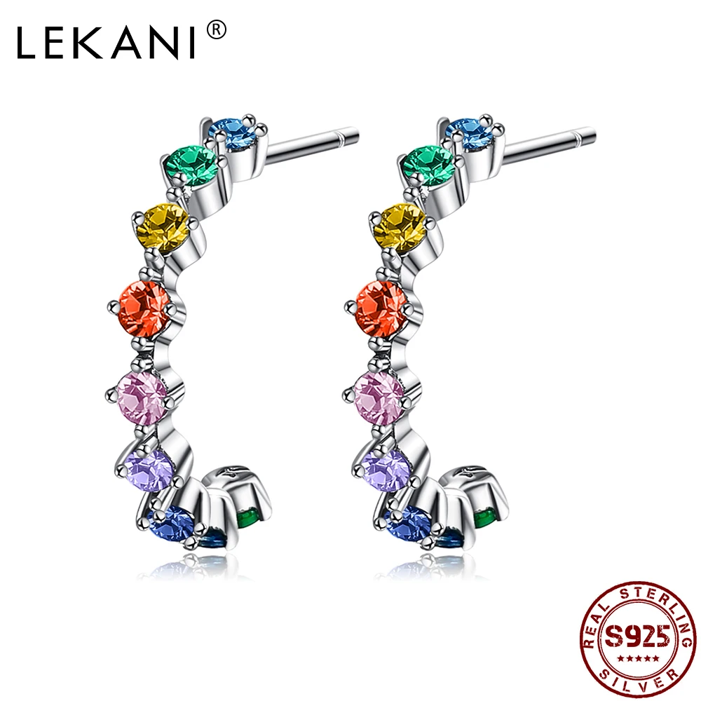 

LEKANI 100% 925 Sterling Silver Simple Colorful Zircon Stud Earring Trendy Rainbow Earrings For Women Statement Silver Jewelry