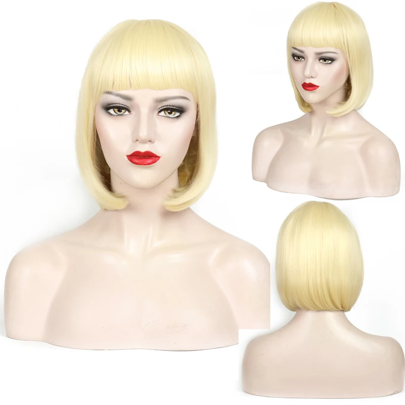 

12inch Short Bob Straight Wig Purple Pixie Cut Cosplay Lolita Wig with Bangs Synthetic Straight Hair Wigs for Women Green Blonde