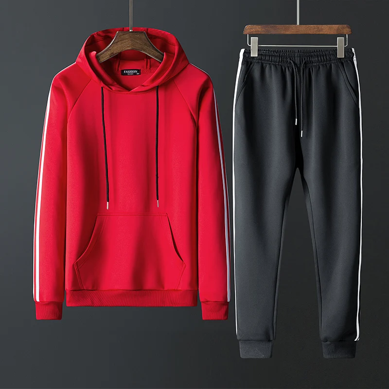 

Tracksuit Men Set Contrast Stripes Sweat New 2PCS Jacket+Pants Suit Zipper Patchwork Casual Hoodie Men Sets Sweatshirt Men 2019