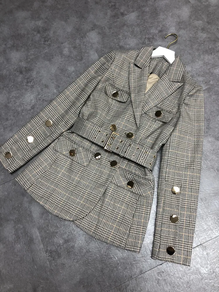 Women Elegant Plaid Blazer Notched Collar Long Sleeve Sashes Double Breasted Coats Female Office Lady Suit Jacket Clothing 2020 | Женская