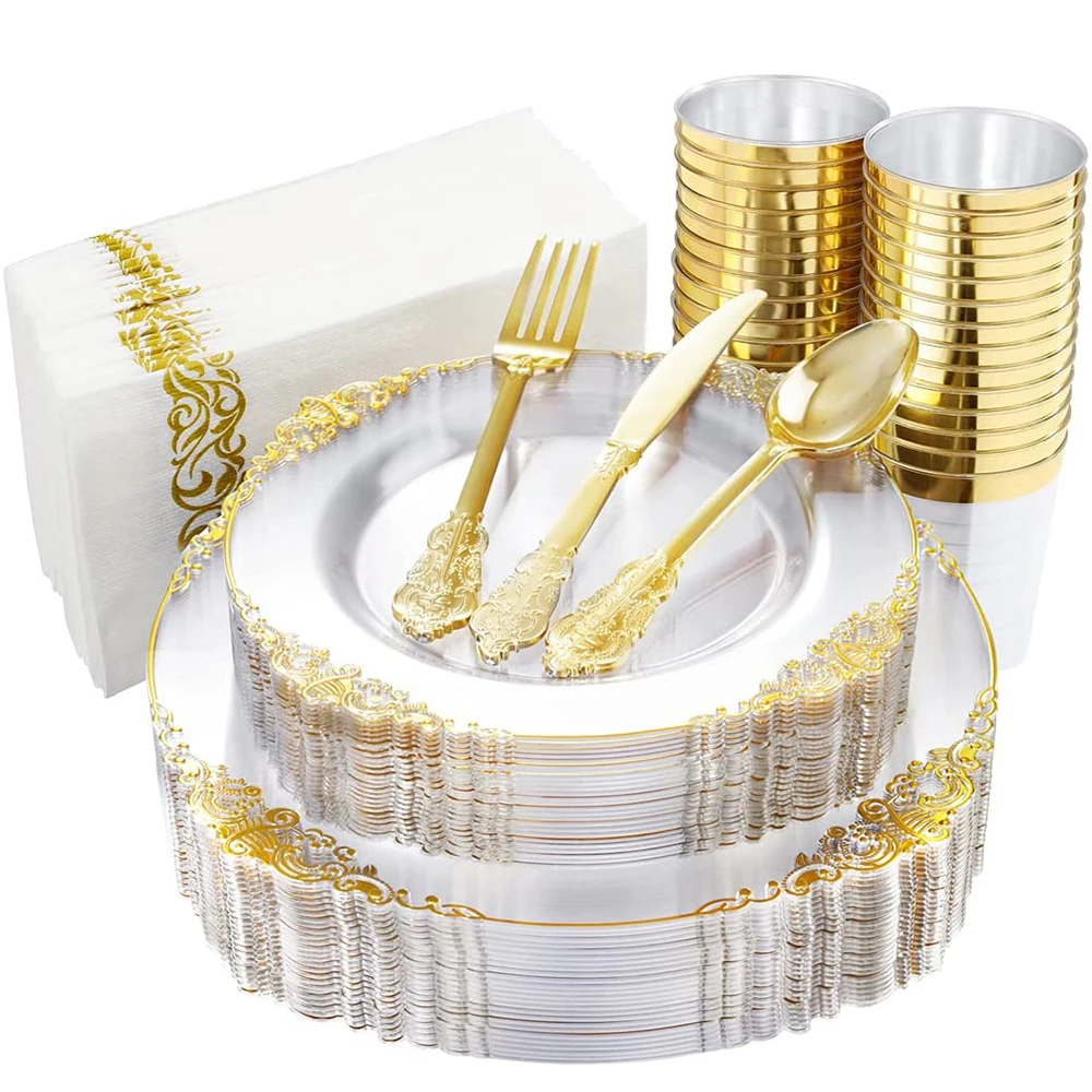 

60 Pcs Disposable Tableware Transparent Golden Plastic Tray With Disposable Silverware Glasses Birthday Wedding Party Supplies