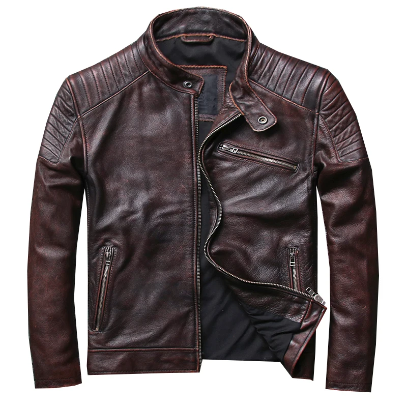 Мужская короткая мотоциклетная куртка коричневая и черная винтажная байкерская